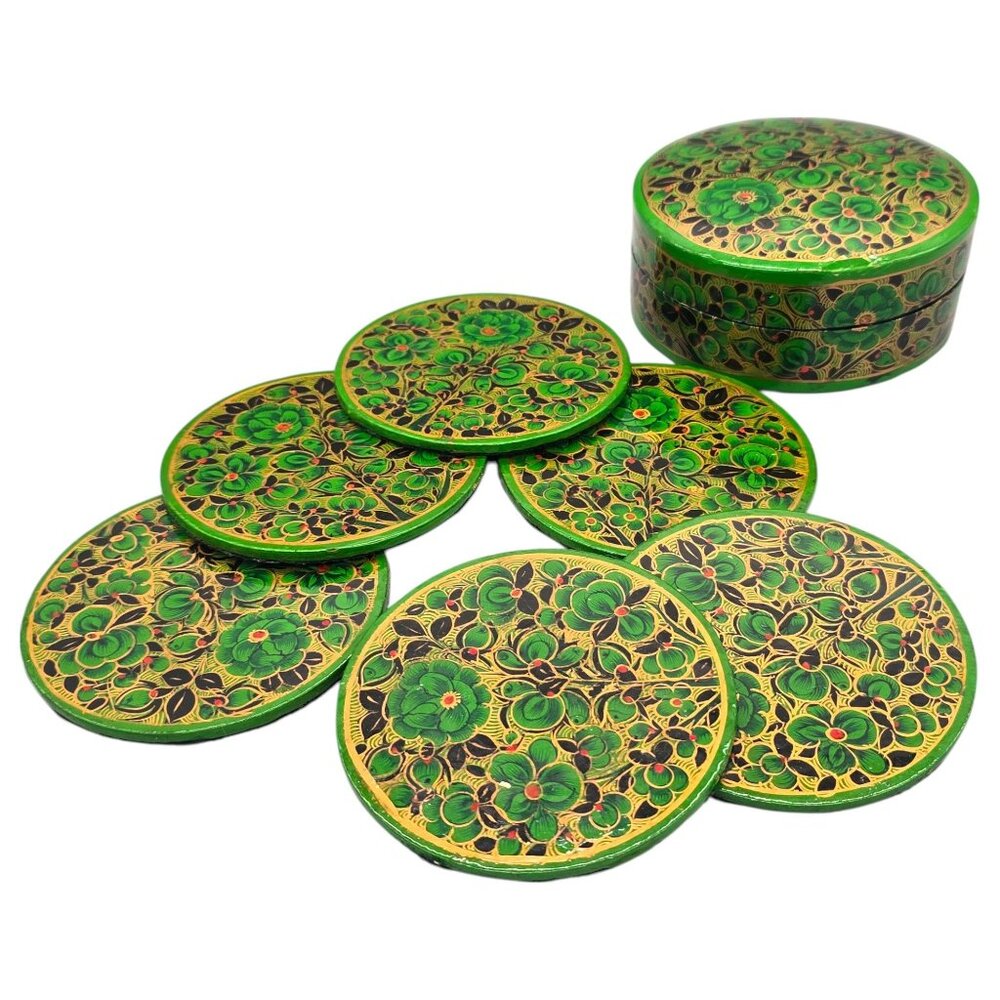 Paper Mache Green Floral Coaster Set Of 6 Storage Box Lacquered‎ Hand Painted